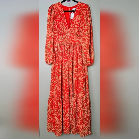 TOCCIN x RTR Women's Long-Sleeve V-Neck Printed Maxi Dress, Orange Tan Floral, 8 - Picture 9 of 17